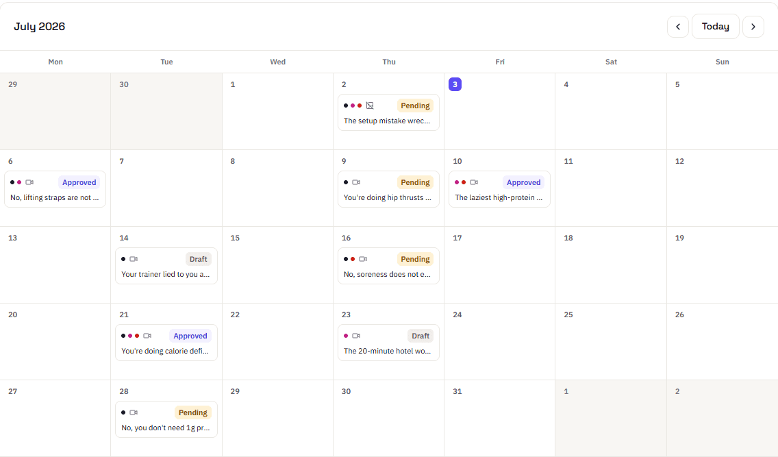 SocialHalo July calendar with scheduled posts in Approved, Pending, and Draft states across the month